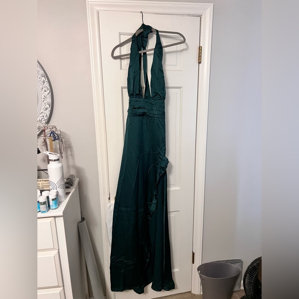 Green satin halter dress